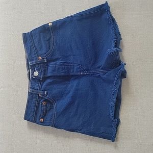 High Rise Levi's Ribcage Denim Jean Shorts Western Blue Distressed cut Off 25